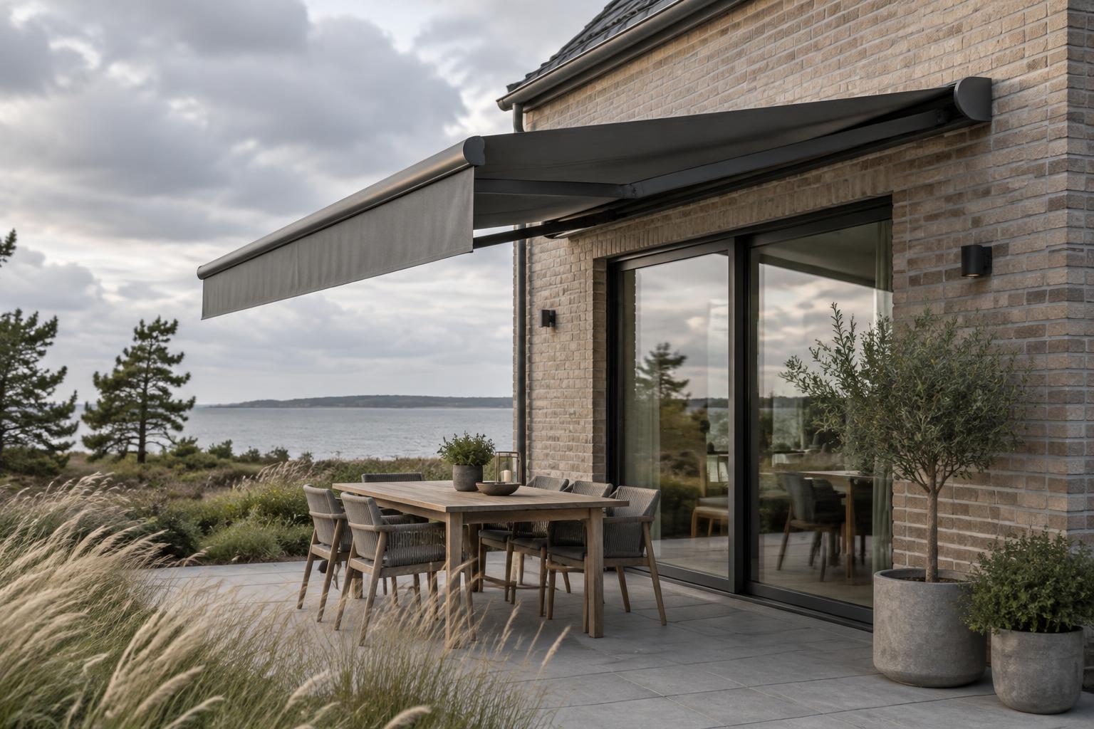 Terrassemarkise ved et dansk kysthus i blæsevejr