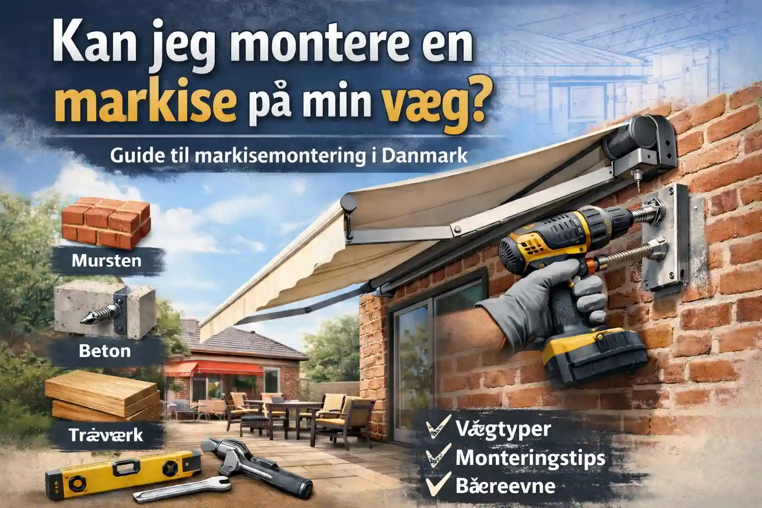 Illustration af markisemontering på murstensvæg med boremaskine, beslag og oversigt over vægtyper som mursten