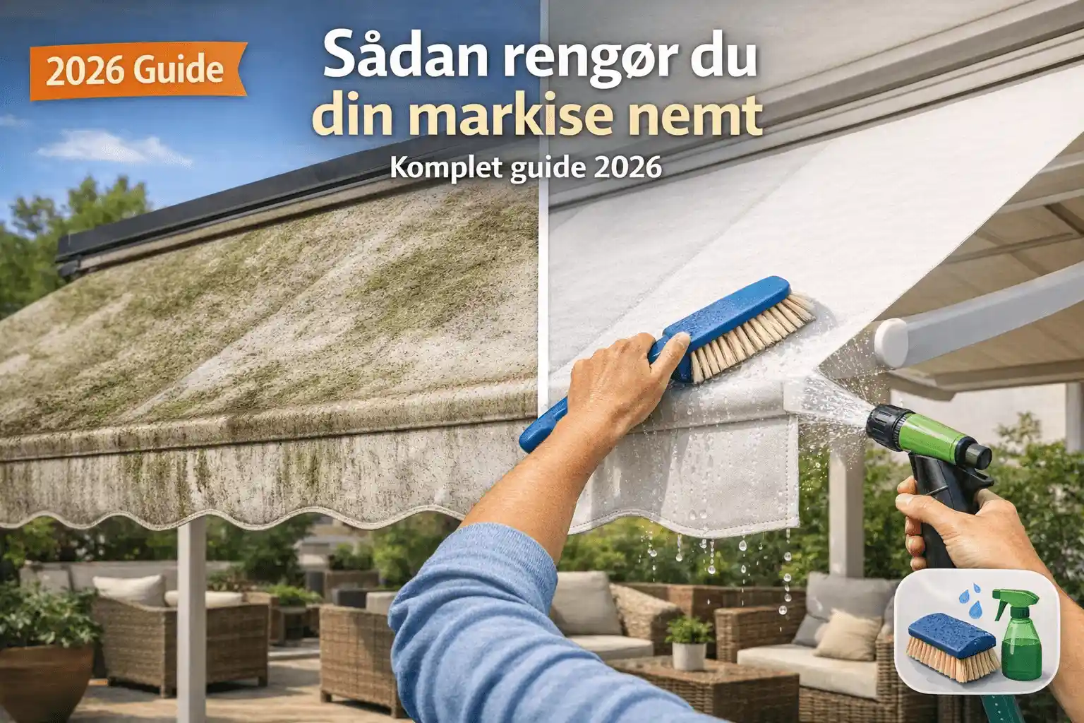 Sådan rengør du din markise nemt vist med før og efter rengøring af markise med børste og vandslange